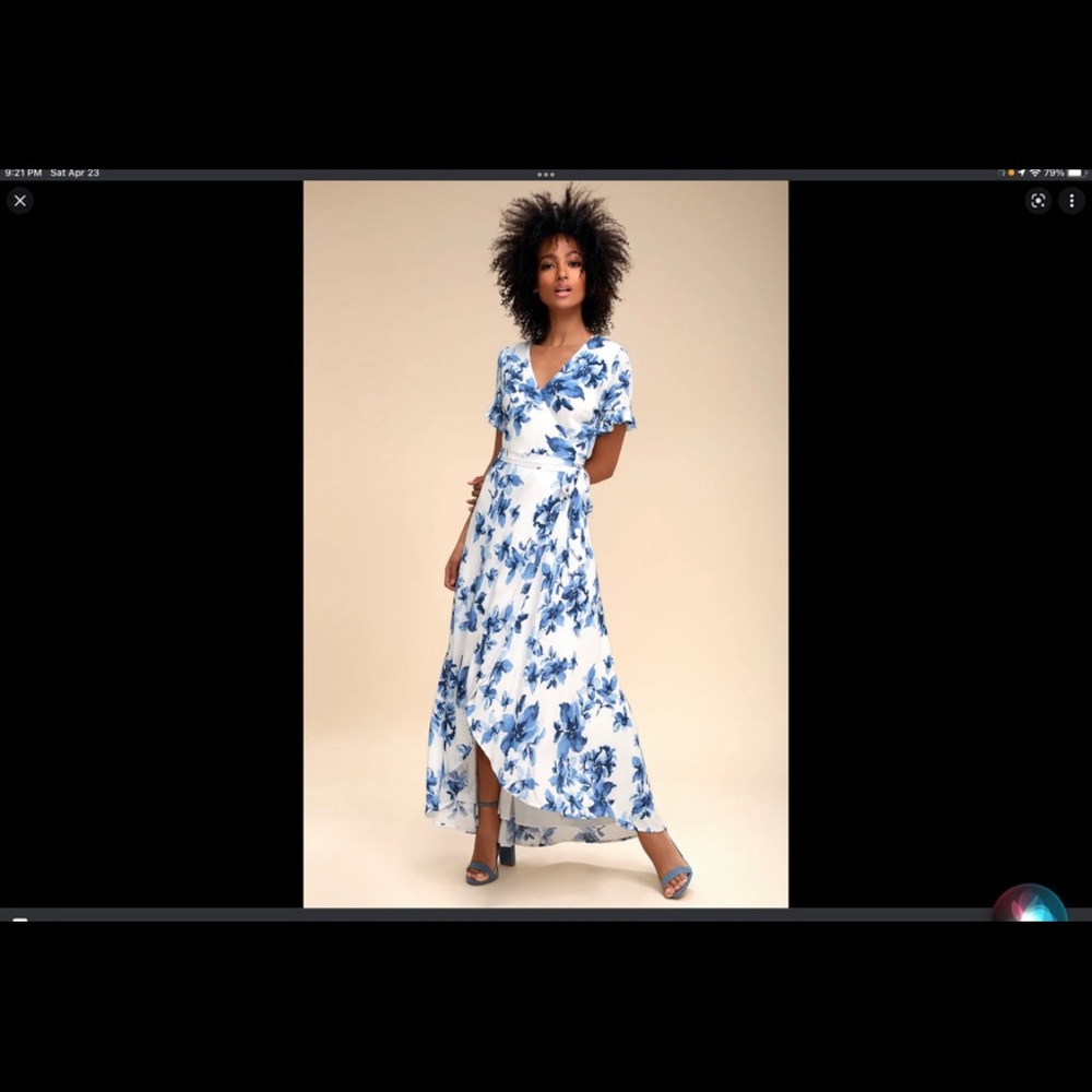 Lulu’s Floral of the Story Blue and White Floral Print Wrap Maxi Dress